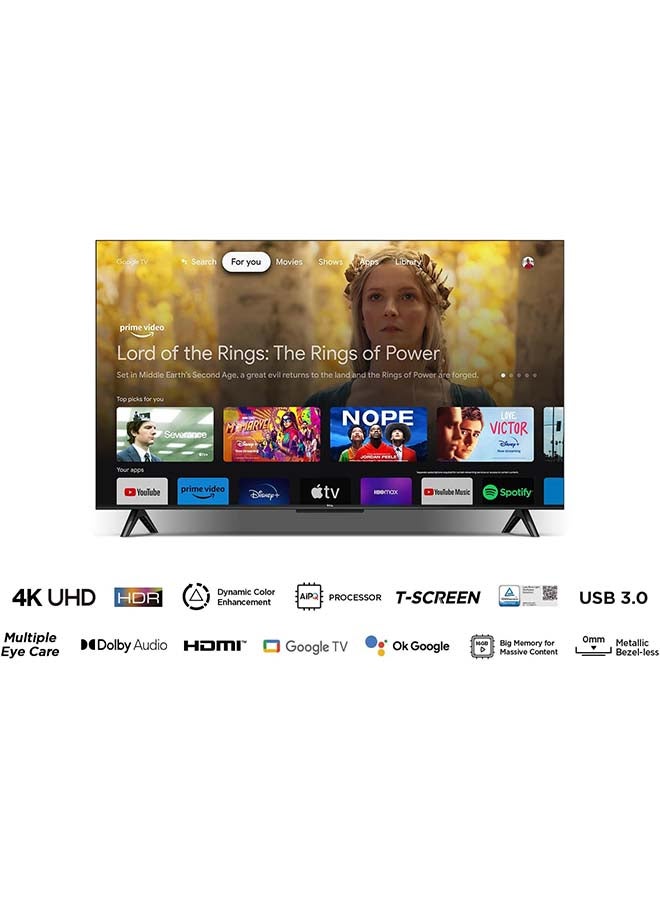 43 Inch 4K UHD Smart Google TV, HDR 10, Dolby Audio, Dynamic Color Enhancement, Metallic Bezel-less Design (2024 Model) 43P61B Black