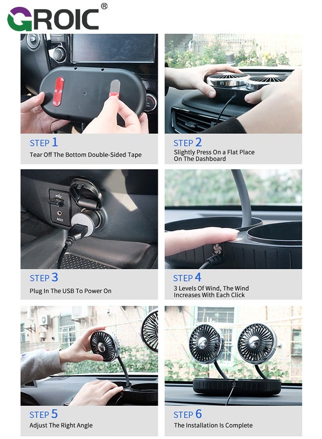 Car Fan, USB Portable Fan for Car with 3 Wind Speed, 360 Degree Adjustable Dual Head Car Fans, Strong Wind Electric Auto Fans for Car Dashboard SUV RV Truck Boat Van Sedan