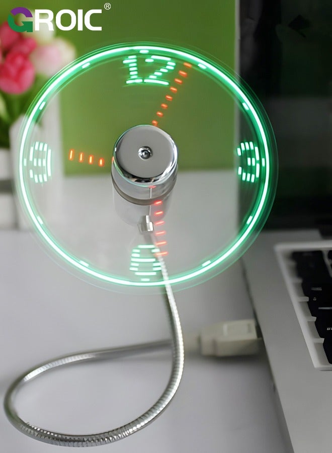 USB LED Clock Fan 90mm USB Powered Portable Mobile USB Fan with Clock, LED Light Display Time, Mini Gooseneck Fan for Laptop Office Home Travel