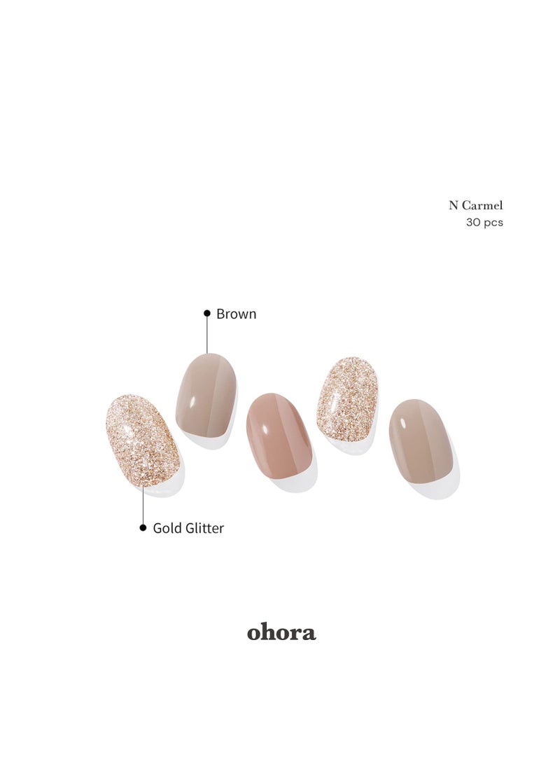 ohora Semi Cured Gel Nail Strips (N Carmel) - Works with Any Nail Lamps, Salon-Quality, Long Lasting, Easy to Apply & Remove - Includes 2 Prep Pads, Nail File & Wooden Stick