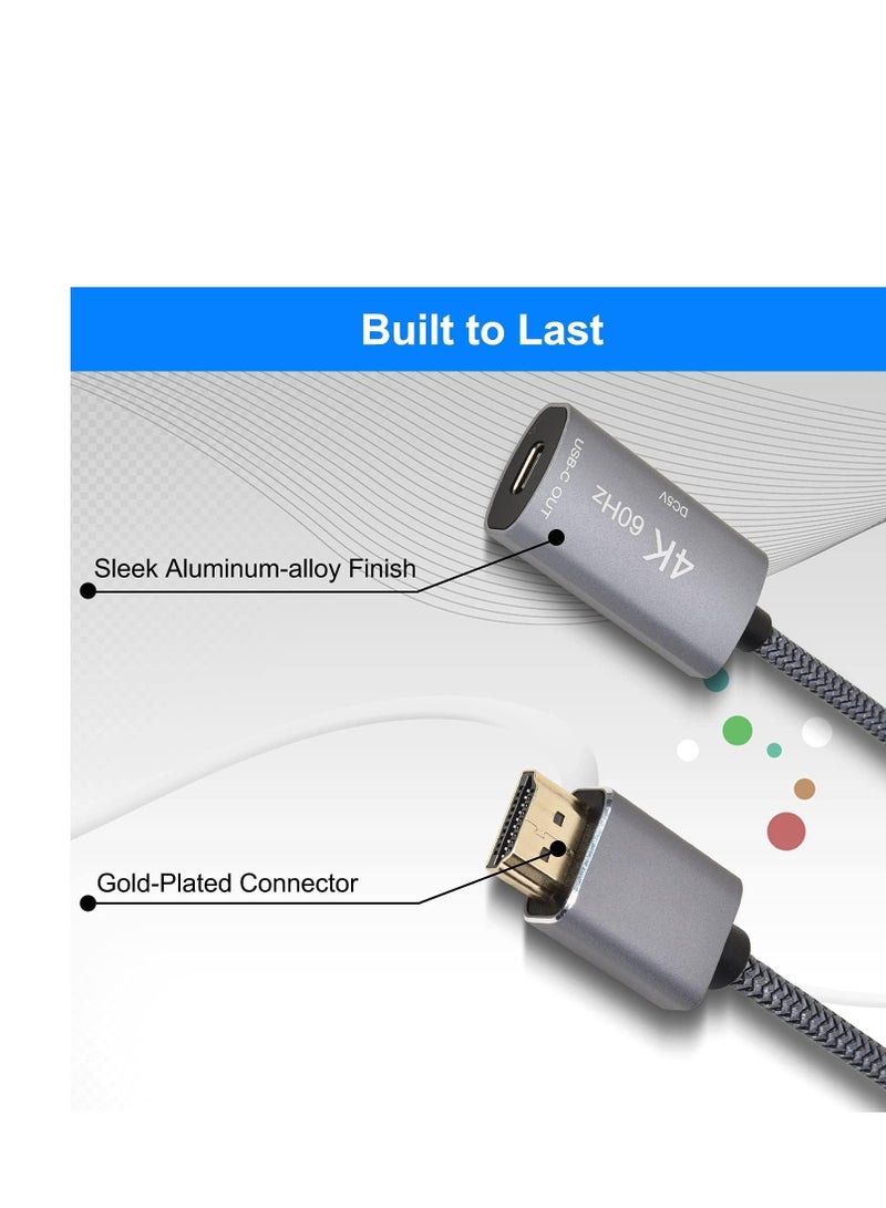 HDMI Male to USB-C Female Cable Adapter with USB C Power Cable,Uni-Directional HDMI (source) to Type C 3.1 (display) Converter,4K 60Hz Thunderbolt 3 Adapter for MacBook Pro,Microsoft Surface,Nreal Air