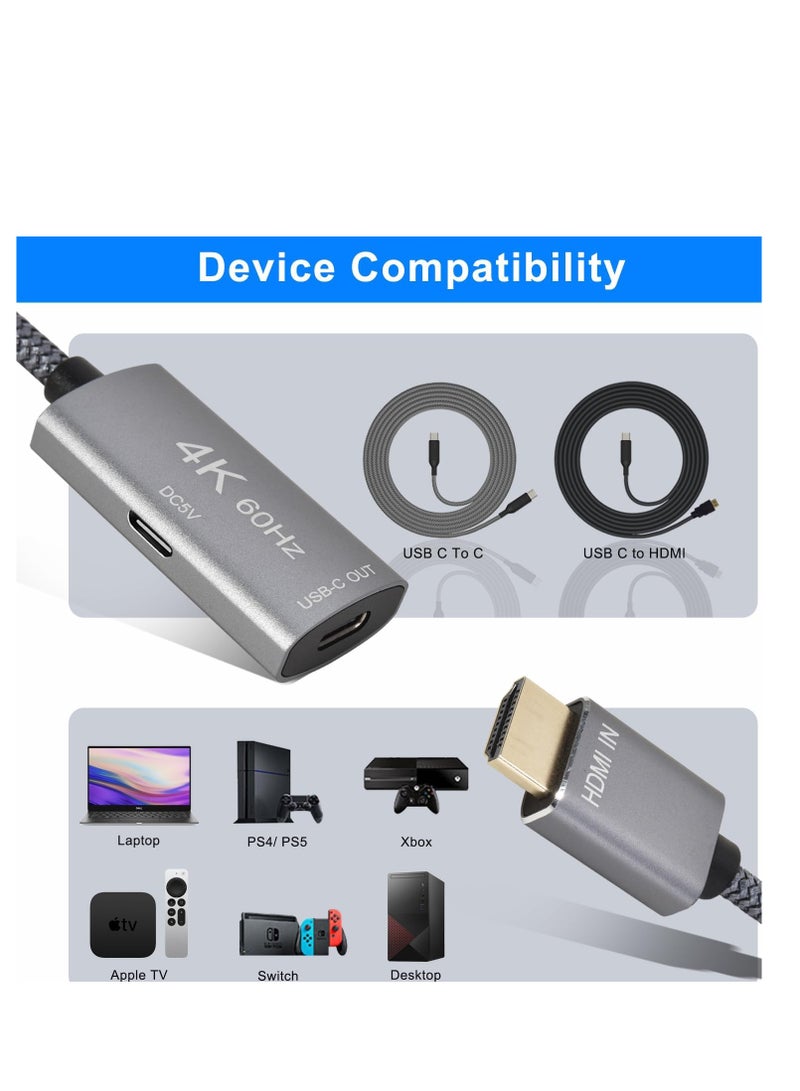 HDMI Male to USB-C Female Cable Adapter with USB C Power Cable,Uni-Directional HDMI (source) to Type C 3.1 (display) Converter,4K 60Hz Thunderbolt 3 Adapter for MacBook Pro,Microsoft Surface,Nreal Air