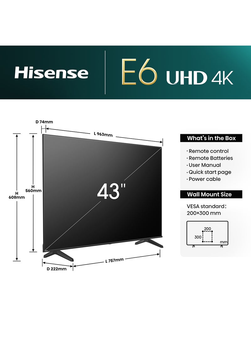 43 inch Smart TV UHD 4K E6N-Dolby Vision,Game Mode Plus,Smooth Motion with MEMC,AI Sports Mode,Voice Control,Share to TV,Youtube,Netflix,Disney+,Shahid And Anghami (2024 New Model) 43E6N Black