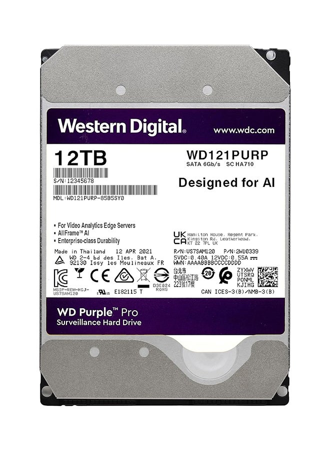 12TB Purple Pro Smart Video Hard Drive, 7200 RPM Class, SATA 6 Gb/s, 265 MB Cache, 3.5