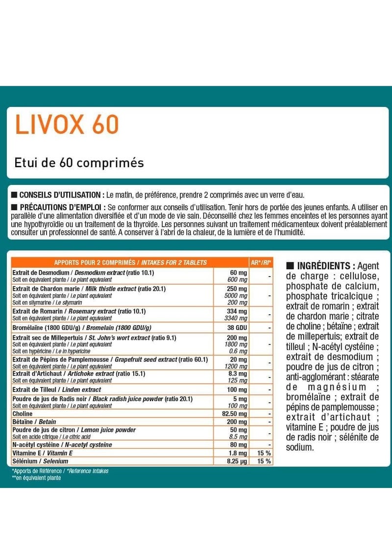 Liv'Ox 60 - Liver Detoxification Supplement with Milk Thistle, Rosemary, and 15 Synergistic Ingredients Box of 60 tablets