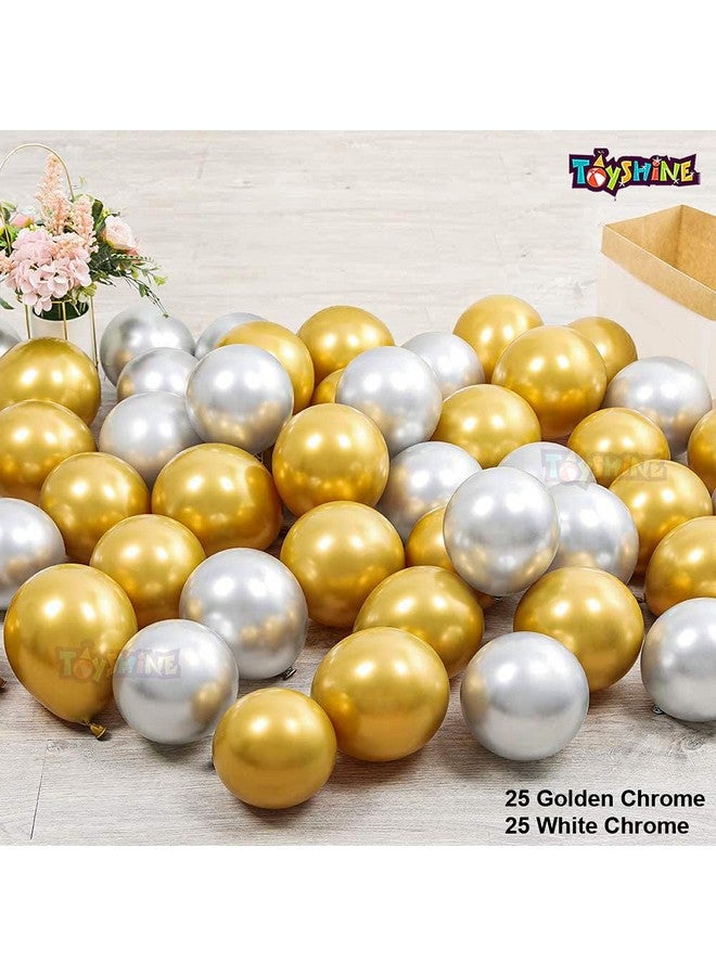 116 Pcs Mega Party Decoration Combo 6 Wall Decor Fans 50 White And 50 Golden Balloons 1 Happy Bithday Banner 2 Tapes 2 Golden Curtains 5 Pcs 12 Paper Balls