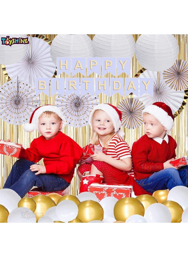 116 Pcs Mega Party Decoration Combo 6 Wall Decor Fans 50 White And 50 Golden Balloons 1 Happy Bithday Banner 2 Tapes 2 Golden Curtains 5 Pcs 12 Paper Balls