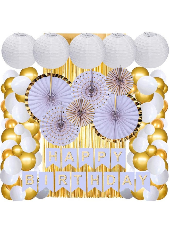 116 Pcs Mega Party Decoration Combo 6 Wall Decor Fans 50 White And 50 Golden Balloons 1 Happy Bithday Banner 2 Tapes 2 Golden Curtains 5 Pcs 12 Paper Balls