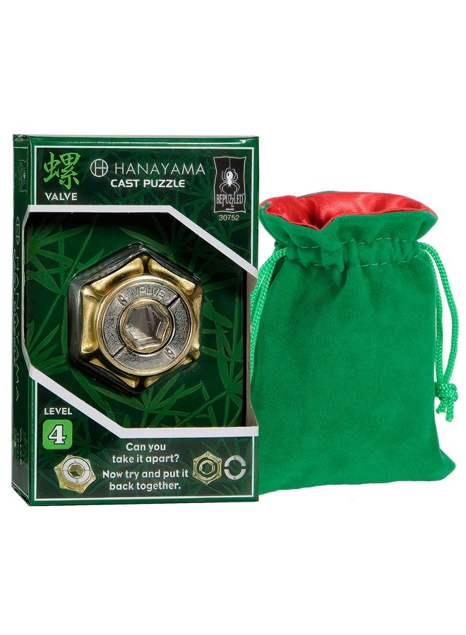 Valve Hanayama Puzzle New 2022 Level 4 With Green Velvet Red Satinlined Drawstring Pouch Bundled