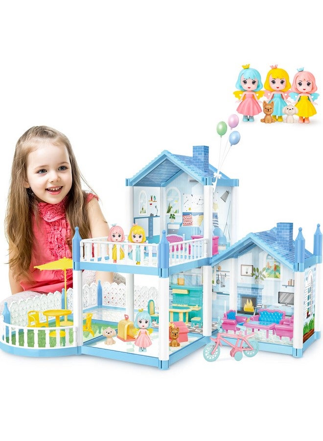 Dollhouse Pretend Play2Story 3 Rooms Dollhouse 78Dollhouse Furniture And Accessoriesdiy Building Plastic Dollhouse For 3+ Girl Giftsblue