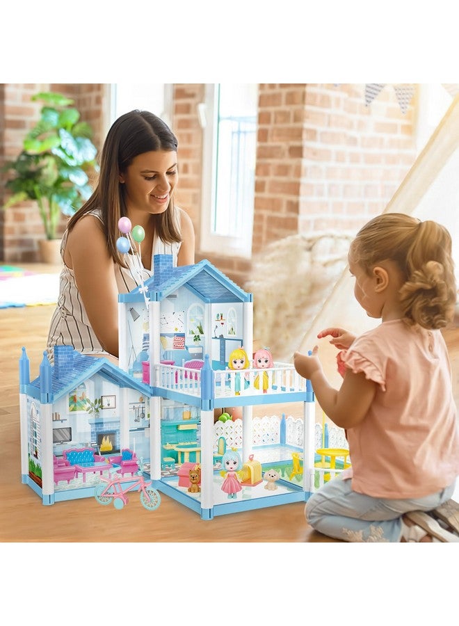 Dollhouse Pretend Play2Story 3 Rooms Dollhouse 78Dollhouse Furniture And Accessoriesdiy Building Plastic Dollhouse For 3+ Girl Giftsblue