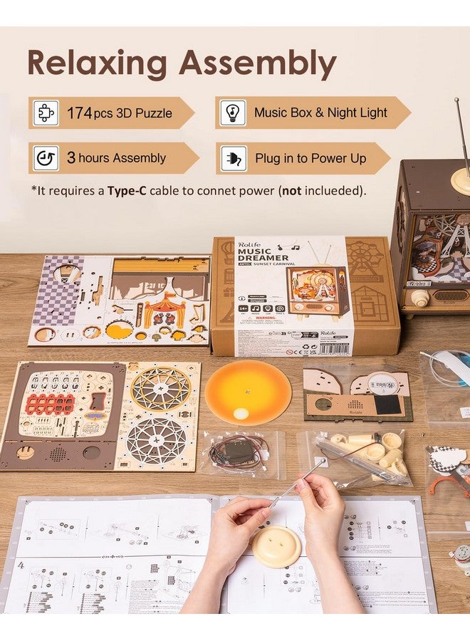 3D Wooden Puzzles For Adults Diy Book Nook Kit 16 Ferris Wheel Music Box Model Building Set With Led Crafts For Adults Gifts For Girls Boys (Sunset Carnival)