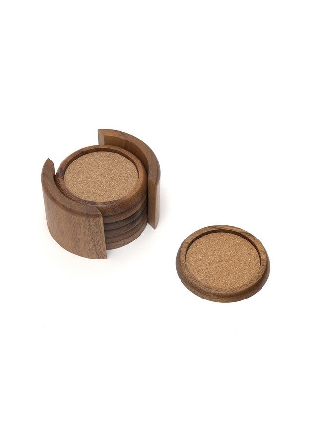 Acacia Round With Cork Coasters And Caddy 7Piece Set