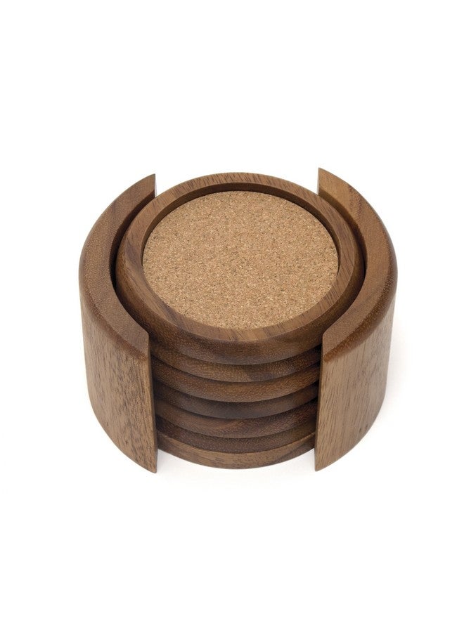 Acacia Round With Cork Coasters And Caddy 7Piece Set