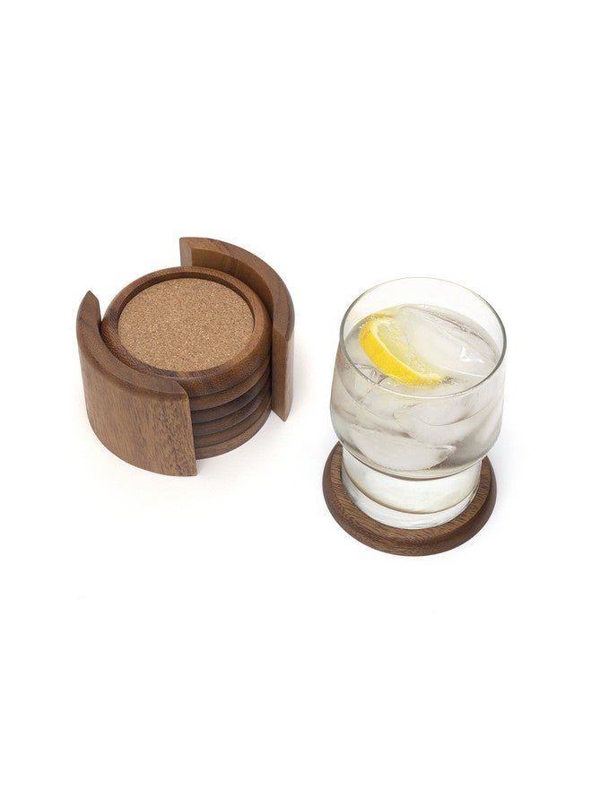 Acacia Round With Cork Coasters And Caddy 7Piece Set