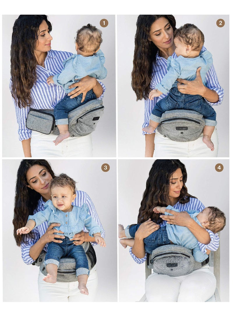 Hip Seat Baby Carrier, Ergonomic Bench Design, Adjustable Waistband, Various Pockets, Newborns to Toddlers up to 44 lbs, All-Seasons Carrier, Grey