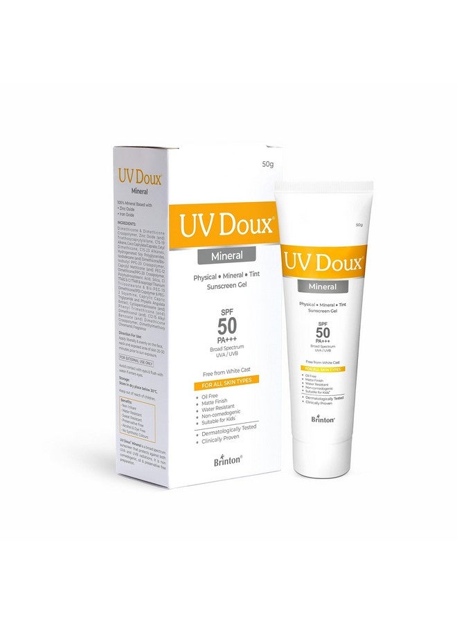 Uv Doux Spf 50 Pa+++ Mineral Based Sunscreen Gel With No White Cast Clinically Tested Sunscreen With Zinc Oxide Tinted & Water Resistant Uva/Uvb Protection For Menwomen & Children 50G