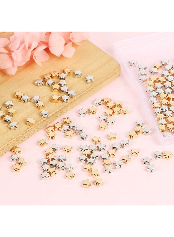 200Pcs Star Spacer Beads Star Shape Silver Charm Loose Bead Small Hole Starshaped Alloy Metal Plated Fivepointed Pendant Beads For Jewelry Making Diy Bracelet Necklace Craft With Box