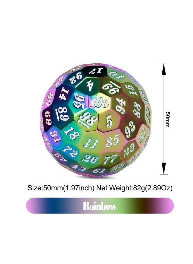 Rainbow D100 Metal Dice 50Mm Single 100 Sided Polyhedral Dice With Metal Case And Velvet Pouch For Table Game(Rainbow With Whitenumber)