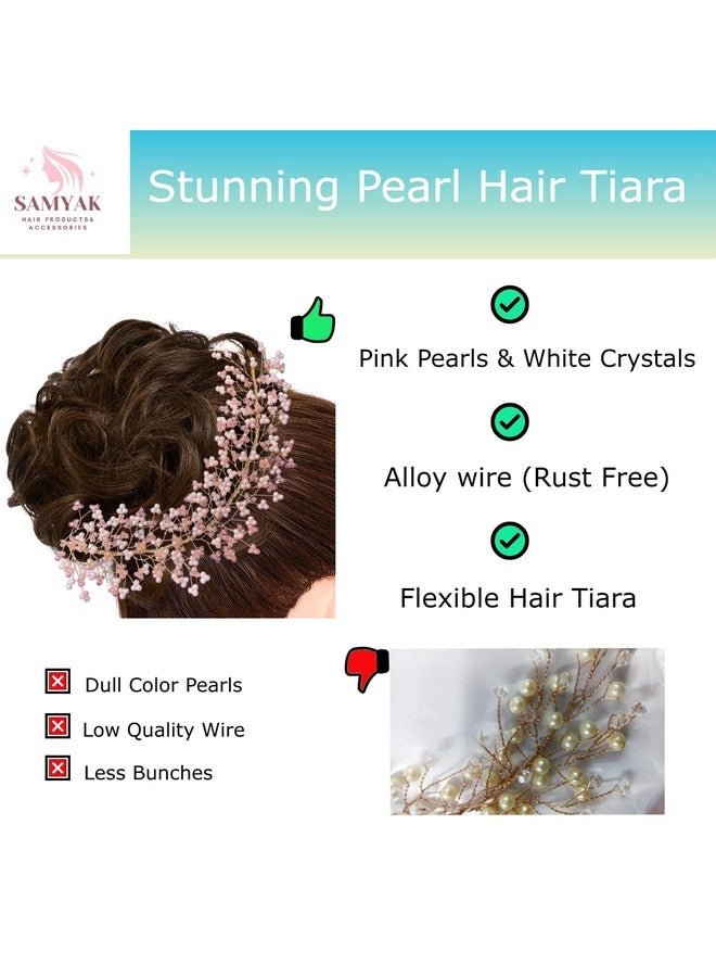 Pearl Hair Accessories Crystal Beaded Handmade Hair Pins For Brides Bridesmaid Hair Piece Tiara Vine For Hair Decoration (Pink)