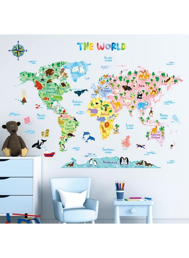 Sg21615S Animal World Map Kids Wall Stickers Wall Decals Peel And Stick Removable Wall Stickers For Kids Nursery Bedroom Living Room (Large) Décor