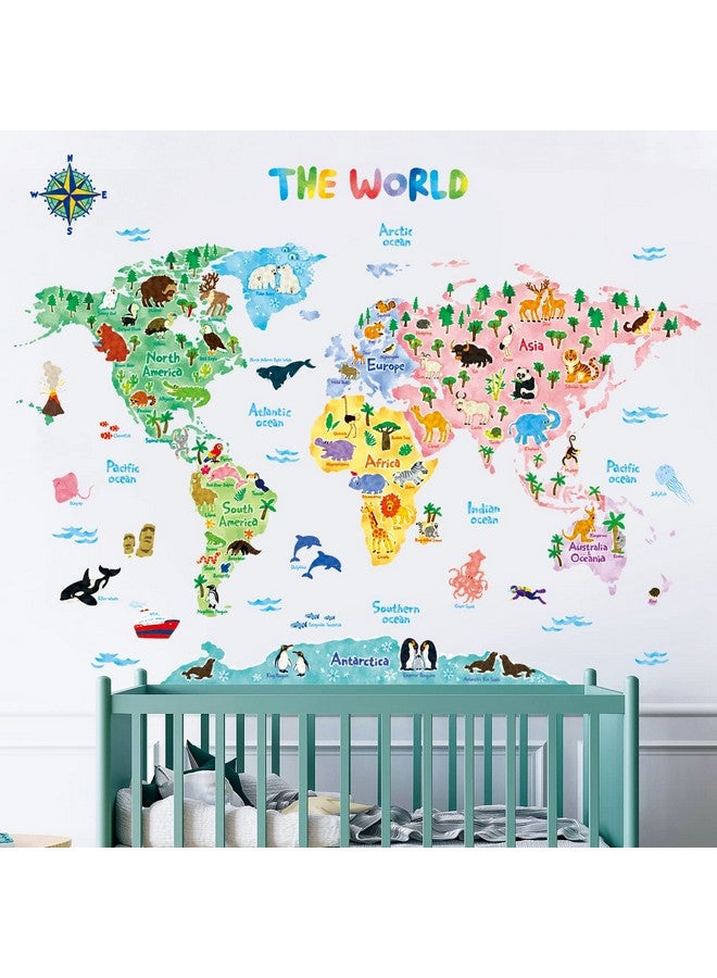 Sg21615S Animal World Map Kids Wall Stickers Wall Decals Peel And Stick Removable Wall Stickers For Kids Nursery Bedroom Living Room (Large) Décor