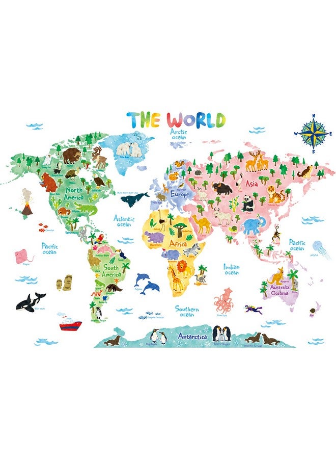 Sg21615S Animal World Map Kids Wall Stickers Wall Decals Peel And Stick Removable Wall Stickers For Kids Nursery Bedroom Living Room (Large) Décor