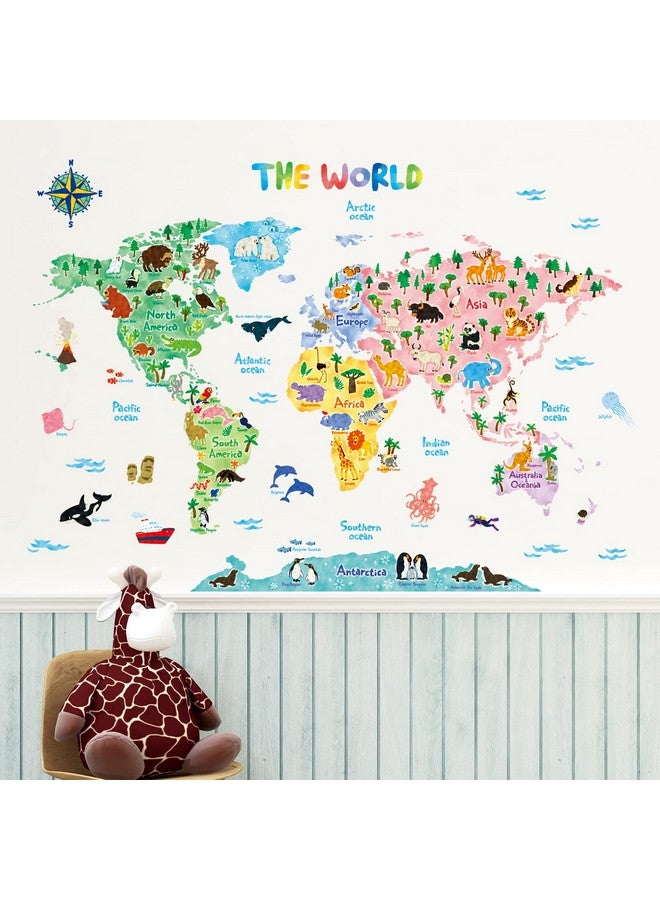 Sg21615S Animal World Map Kids Wall Stickers Wall Decals Peel And Stick Removable Wall Stickers For Kids Nursery Bedroom Living Room (Large) Décor