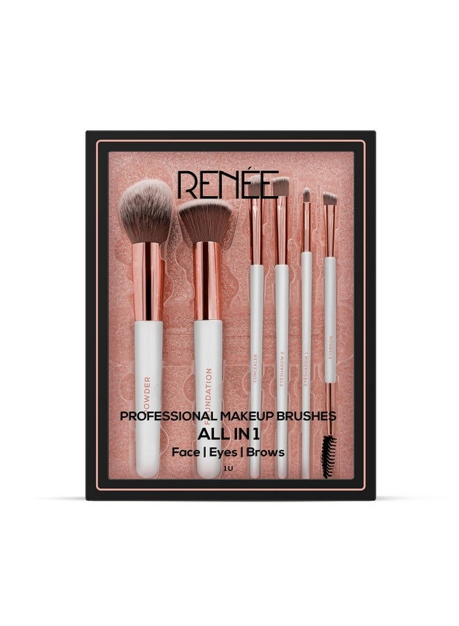 All In 1 Professional Makeup Brush Set Of 6 Premium Easy To Hold & Precise Application For Face Eyes & Brows Cruelty Free & Uniquely Designed Super Soft Bristles For Unparalleled Precision