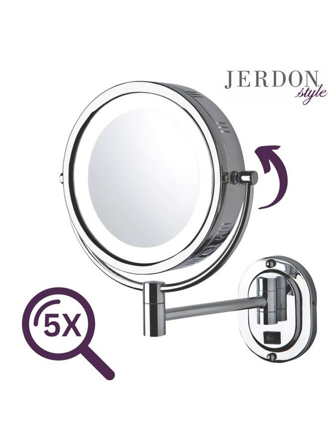 Twosided Lighted Wallmounted Makeup Mirror Makeup Mirror With 5X Magnification & Wallmount Arm 8Inch Diameter Mirror With Chrome Finish Wall Mount Model Hl165Cld