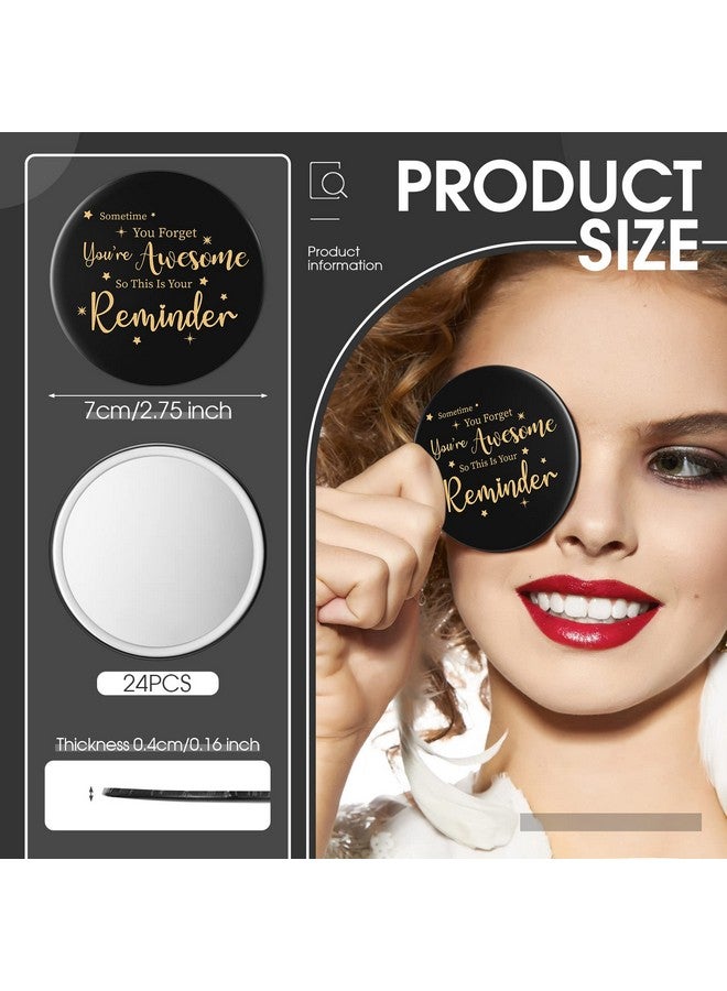 24 Pcs Inspirational Compact Mirror Round Portable Pocket Makeup Mirror For Employee Teacher (Black Goldstylish)
