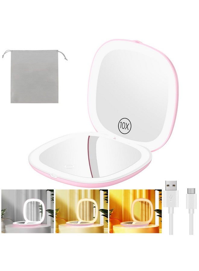 3.9 Rechargeable Travel Makeup Mirror With Lights And Magnification 10X 3 Light Colors & Adjustable Brightness Magnetic Closure & Memory Function Led Compact Mirror For Purse Light Pink