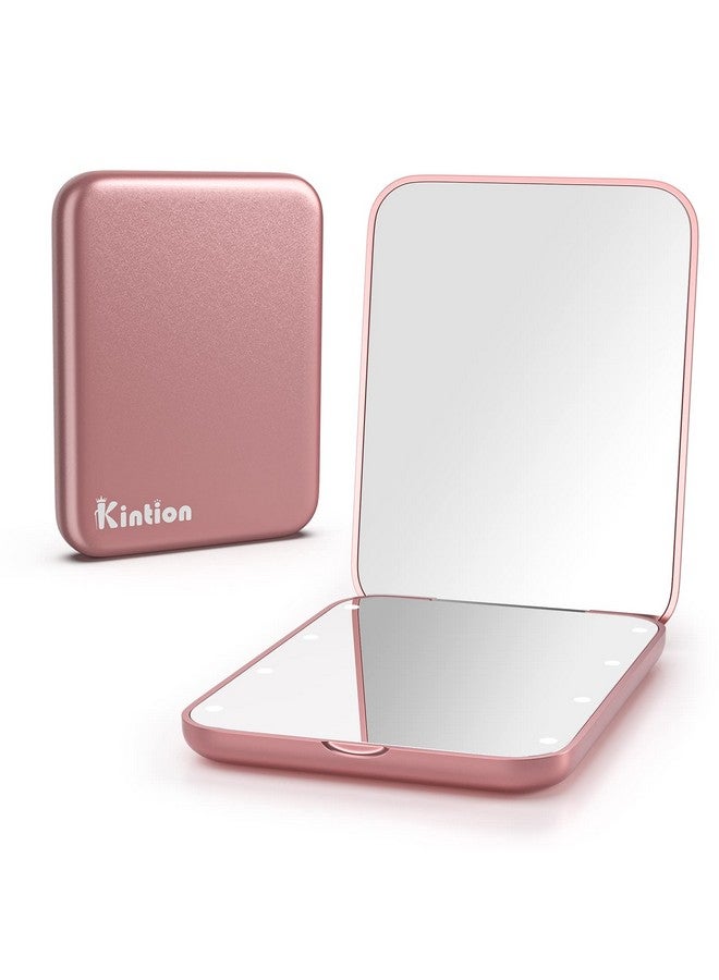 Pocket Mirror 1X 3X Magnification Led Compact Travel Makeup Compact Mirror With Light For Purse Folding Handheld Small Lighted Mirror For Gift Rose Gold