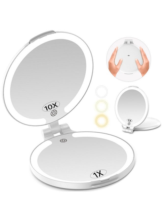 7'' Travel Makeup Mirror With Lights 10X Magnifying 3 Color Portable Double Side Vanity Mirror With Rechargeable For Travel Essential Gifts For Women