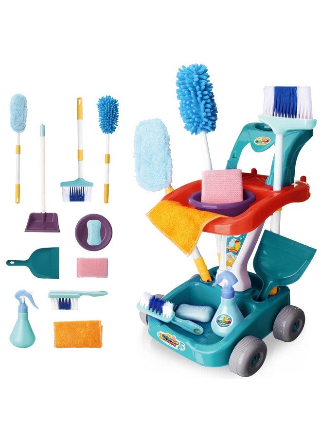 Kids Cleaning Set 12 Pcs Pretend Play Detachable Housekeeping Cart With Broomdust Panspray Bottle Children House Cleaning Tools Toyskids Broom And Mop Set For Ages 3+