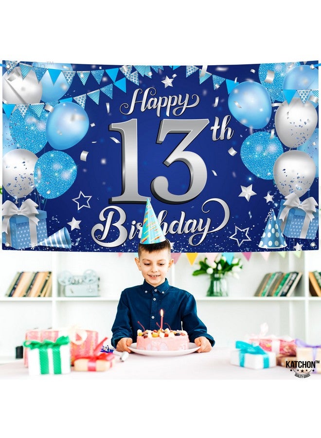 Xtralarge Blue Happy 13Th Birthday Banner 72X44 Inch 13Th Birthday Decorations For Boys And Girls Blue And Silver 13 Birthday Backdrop Happy 13Th Birthday Decorations For Teenagers