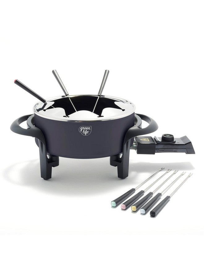 14 Cup Electric Fondue Maker Pot Set For Cheese Chocolate And Meat 8 Color Coded Forks Healthy Ceramic Nonstick Adjustable Temperature Control Pfasfree Black