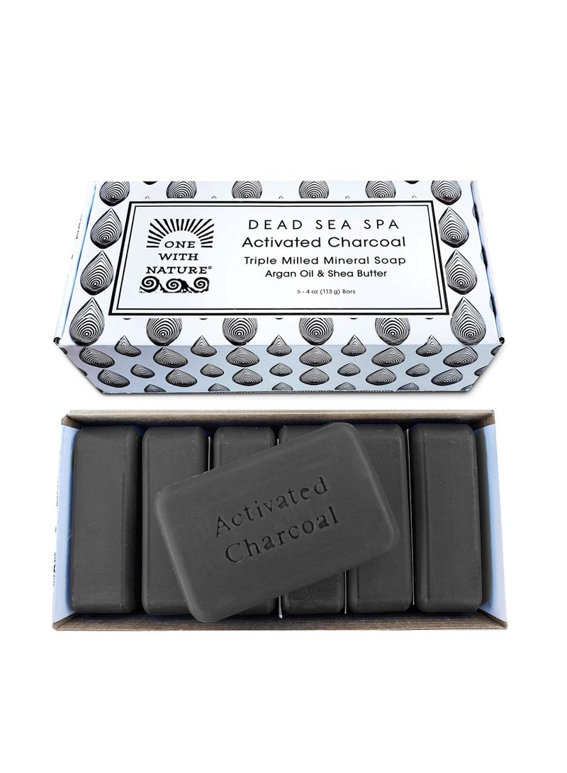 One With Nature 4Oz 6Pack Charcoal Soap Bar in Gift Box for Face, Body, Acne, All Skin Types - Contains Dead Sea Salt, Activated Charcoal, Shea Butter, Argan Oil and 21 Essential Minerals