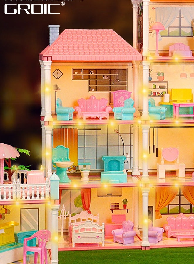 Dollhouse Dreamhouse Building Toys Figure Furniture, DIY House, Accessories, Pets & Dolls,Flashing Lights,Pink Play Dream House for Girls