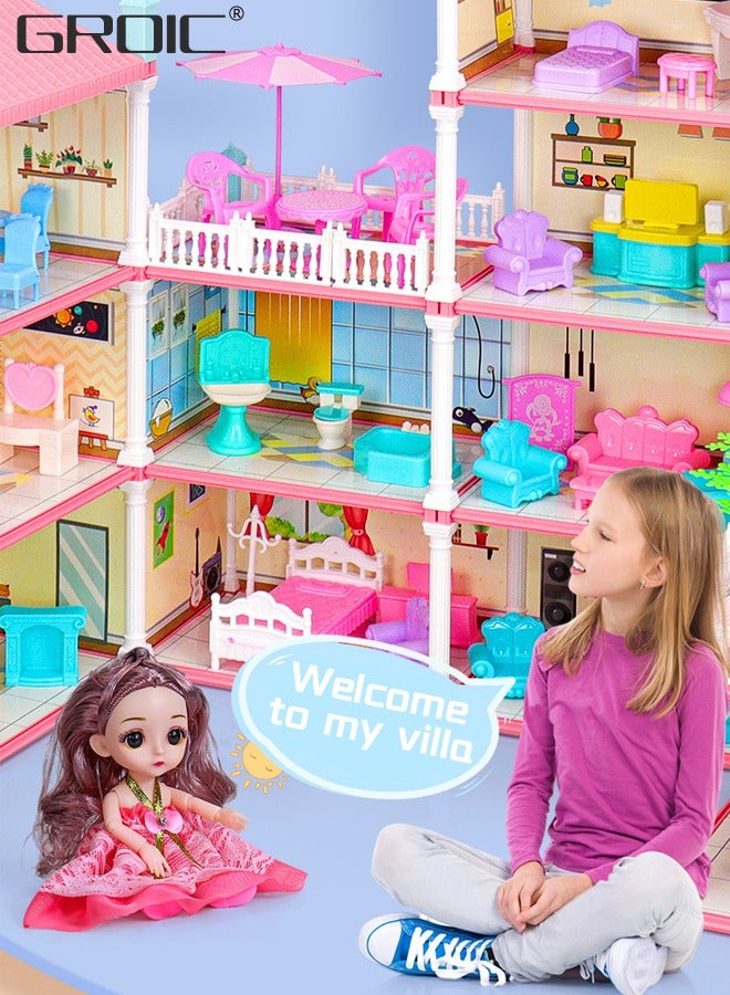 Dollhouse Dreamhouse Building Toys Figure Furniture, DIY House, Accessories, Pets & Dolls,Flashing Lights,Pink Play Dream House for Girls