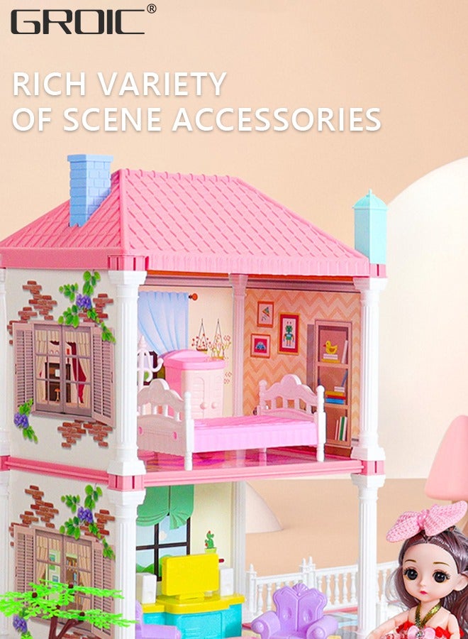 Dollhouse Dreamhouse Building Toys Figure Furniture, DIY House, Accessories, Pets & Dolls,Flashing Lights,Pink Play Dream House for Girls