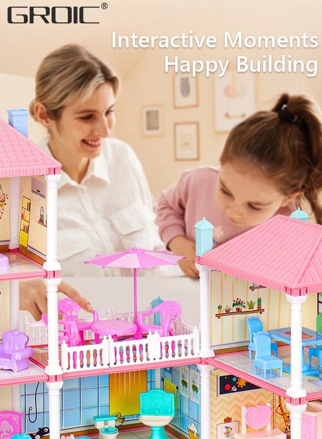 Dollhouse Dreamhouse Building Toys Figure Furniture, DIY House, Accessories, Pets & Dolls,Flashing Lights,Pink Play Dream House for Girls