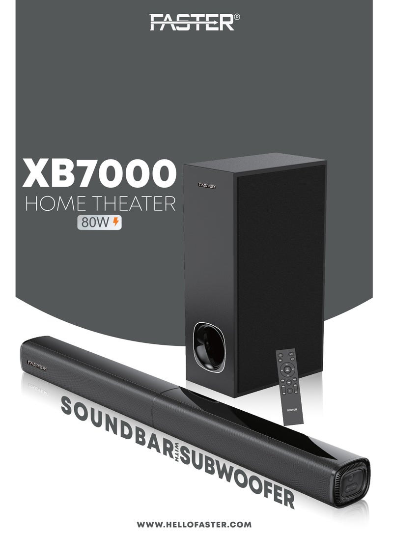 XB7000 2.1 CH Home Theater Soundbar - Wired Subwoofer 80W Powerful Output - Dedicated Sound Mode, Deep and Thrilling Bass, Digital Embedded - Supporting Bluetooth, Optical HDMI(ARC), AUX, USB & Remote