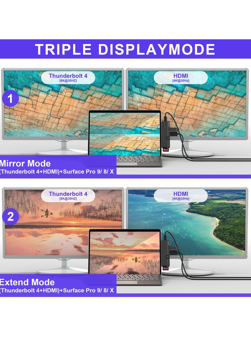 USB C Docking Station, Docking Station with 8 Ports, 8 in 2 100W USB C Thunerbolt 4+ 4K HDMI+ USB3.0+ USB-C 3.0+ 100M LAN+ Audio+ SD+ TF Slot USB C Multiport Adapter for Surface Pro 9/Pro 8/Pro X