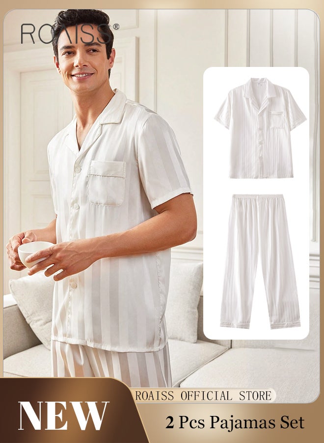 2 Piece Pajama Set for Men Short Sleeves Top and Pants Stripe Printing Satin Sleepwear Sets Men's Spring Autumn Loungewear Set Minimalist Comfy and Breathable Homewear Set