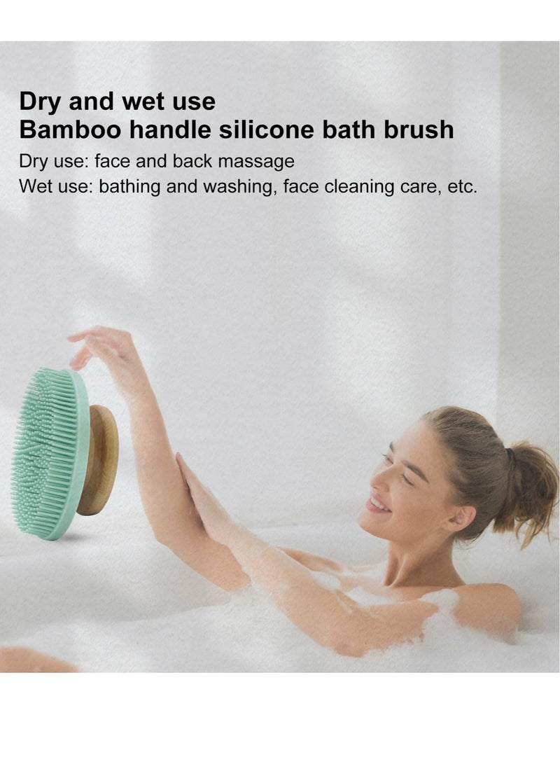 EXCEFORE Food-Grade Soft Silicone Body Scrubber Shower Brush, Non-Slip Bamboo Handle Silicone Loofah, Gentle Exfoliating and Lather Well (Blue)