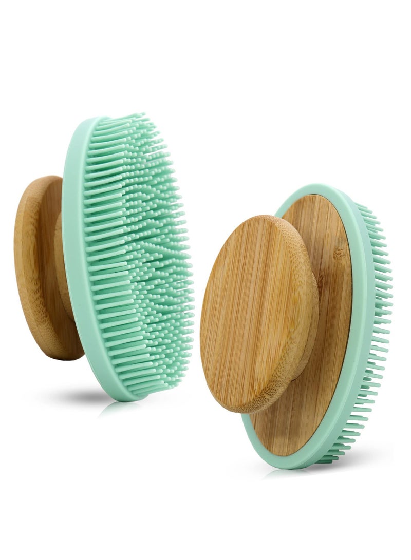 EXCEFORE Food-Grade Soft Silicone Body Scrubber Shower Brush, Non-Slip Bamboo Handle Silicone Loofah, Gentle Exfoliating and Lather Well (Blue)