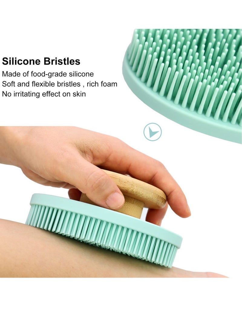 EXCEFORE Food-Grade Soft Silicone Body Scrubber Shower Brush, Non-Slip Bamboo Handle Silicone Loofah, Gentle Exfoliating and Lather Well (Blue)