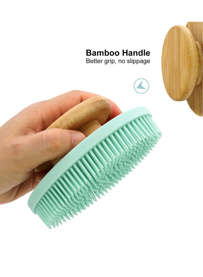 EXCEFORE Food-Grade Soft Silicone Body Scrubber Shower Brush, Non-Slip Bamboo Handle Silicone Loofah, Gentle Exfoliating and Lather Well (Blue)