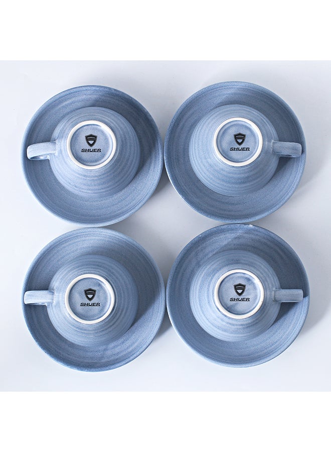 8-Piece Kiln Variable Glaze Process Round Linear Ceramic Coffee Cup And Saucer Set Blue 12.5x10x7.2cm
